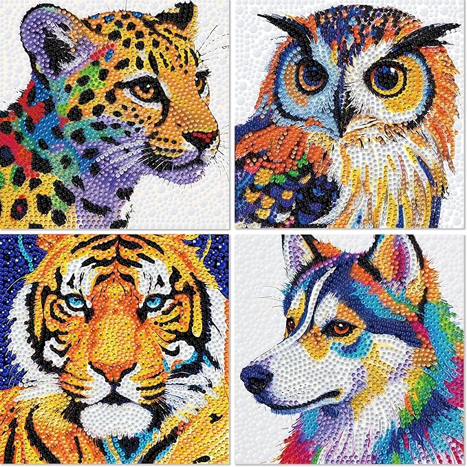 Libfx Diamond Art Kits for Kids 4 PCS Diamond Art for Girls Boys Beginners Arts and Crafts for Kids Ages 8-12 (Tiger Leopard owl Dog)