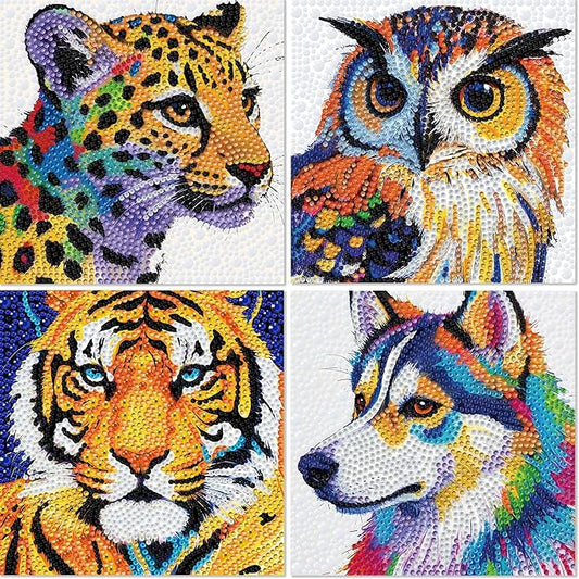 Libfx Diamond Art Kits for Kids 4 PCS Diamond Art for Girls Boys Beginners Arts and Crafts for Kids Ages 8-12 (Tiger Leopard owl Dog)