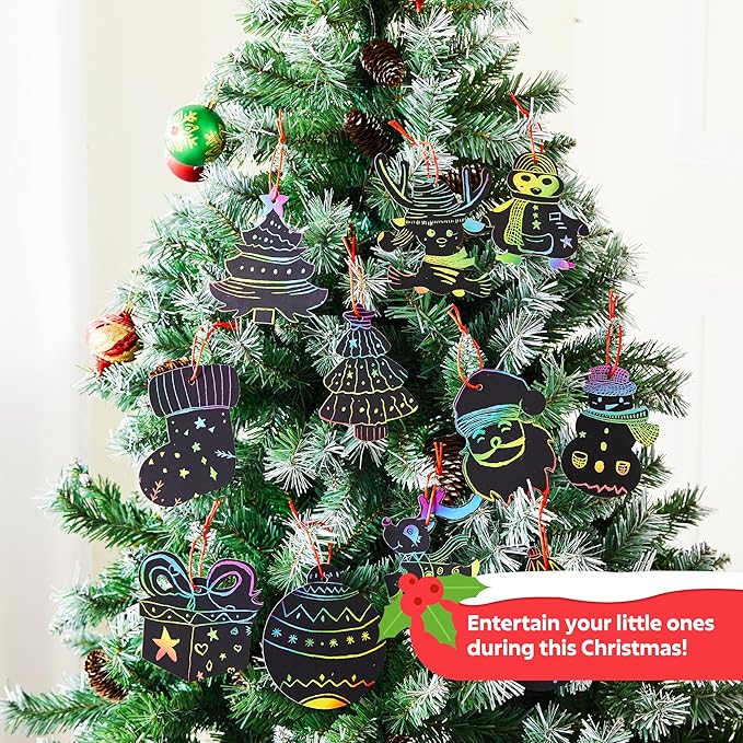 JOYIN 48 Pcs Christmas Scratch Art Ornaments, Rainbow Color Scratch Paper in Front Side & Coloring Card in Back Side, Scratch Off Kids Party Favors Supplies, Holiday DIY Art Craft Kit Activities Gifts