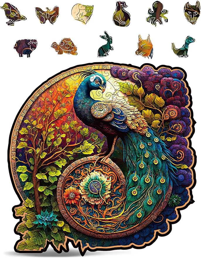 CRAFTHUB Animal Wooden Puzzles for Adults – A3 Peacock Yin Yang with 127 Pieces – Jigsaw Puzzles with Unique Animal Shapes – 10.6" x 10.7"