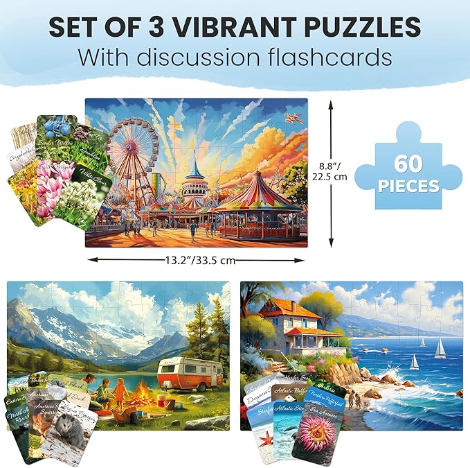 QUOKKA 60 Pieces Dementia Puzzles for Elderly - 3SET Large Piece Puzzles for Seniors - 9 Memory Flashcards with Facts I 25 Discussion Prompts per Puzzle - Alzheimer's Activities Products for Elderly