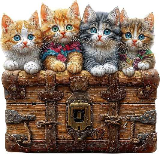 Wooden Puzzles for Adults - Cute Kitten Trunk Wood Puzzles Adult - Unique Animal Shape Wooden Jigsaw Puzzles for Adults - Birthday Gifts for Puzzle Lovers, Family (10.5 * 11in)