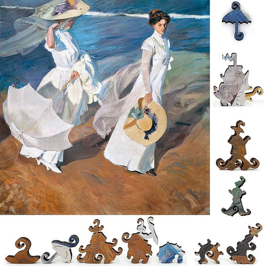 Wooden Jigsаw Puzzle for Adults - Uniquely Shaped Pieces - Made in The USA by FoxSmartBox - 190 Pieces - Strolling Along The Seashore