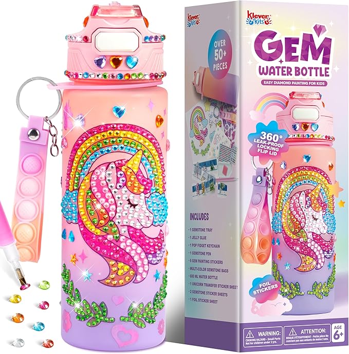 Klever Kits Decorate Your Own Water Bottle Kits for Girls Age 6+, Unicorn DIY Gem Diamond Painting Crafts, Girl Birthday Gift Arts and Crafts Fun Arts for Girls Birthday Christmas