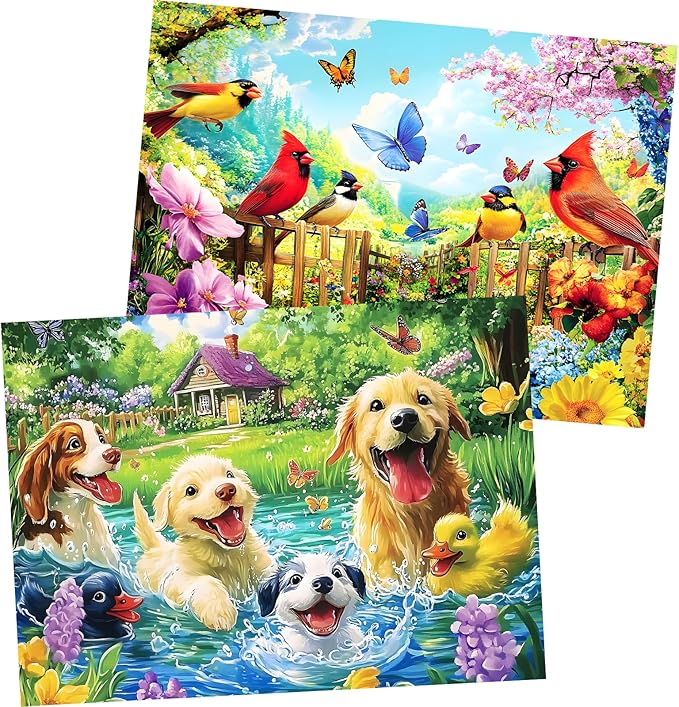 2 Pack 300 Pieces Puzzle for Adults,Bird Jigsaw Puzzles 300 Pieces Dog Puzzle Hummingbird Puzzles 300 Piece for Adults Kids Seniors Premium Cardboard Bird Lover Puzzles