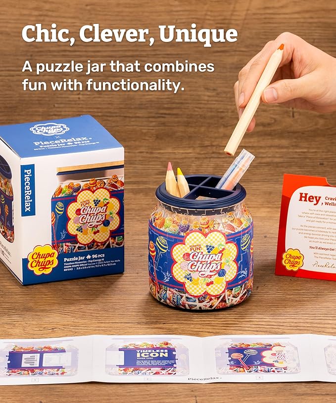 Chupa Chups X PieceRelax 3D Puzzle Jar 96 Plastic Pieces for Adults - Timeless Memories - Pop Energy M Use Includes Divider as Pen and Utensils Holder with Wooden Lid for Kitchen Dining Study [BB1043]