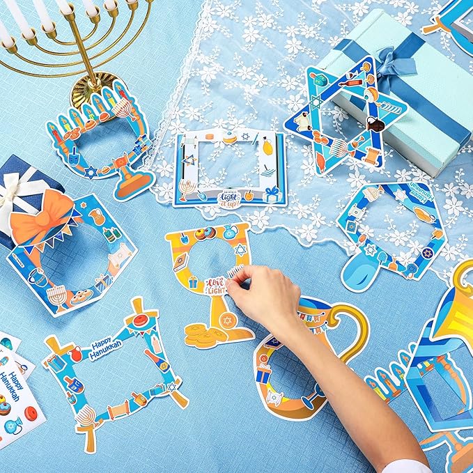 Jetec 48 Set Hanukkah Picture Frame Craft DIY Chanukah Photo Frame Make Your Own Festival of Light Ornaments with Jewish Festival Stickers for Hanukkah Party Favor Classroom Activities