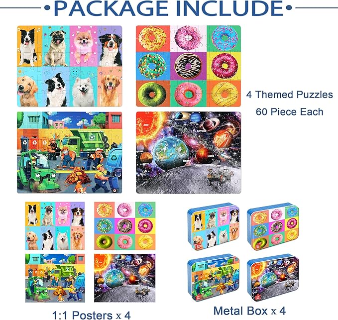 LELEMON Puzzles for Kids Ages 4-6,4-Pack 60 Piece Puzzles for Kids Ages 4-8 in a Metal Box,Donut Dogs Space Garbage Truck Educational Jigsaw Puzzles Puzzle Games Puzzle Toys for Girls and Boys
