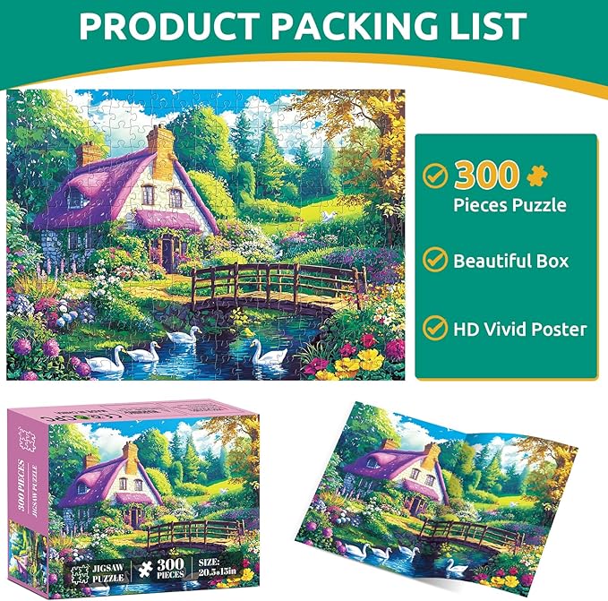 300 Piece Puzzle for Adults,Beautiful Country Cottage Puzzles for Adults Kids Elderly,Large Piece Landscape Puzzles for Kids Age 8-10 10-12,Challenging Nature Puzzle,Family Game Great Gift 20.5x15 in