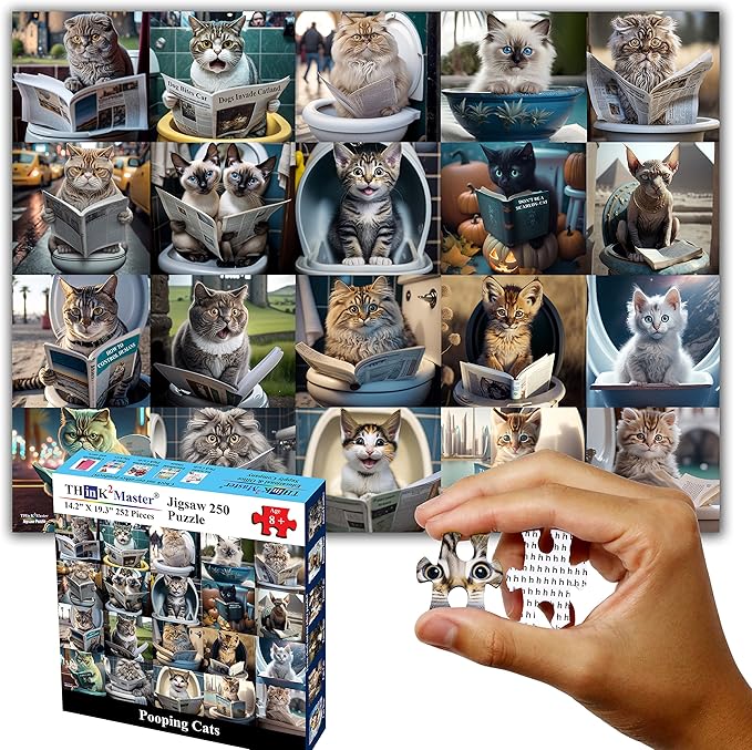 Think2Master Pooping Cats 250 Pieces Jigsaw Puzzle Featuring heartwarming Kittens and Cats. Perfect Bathroom Decoration, White Elephant Gag Gift. Fun Toy for Kids & Families. Size: 14.2” X 19.3”
