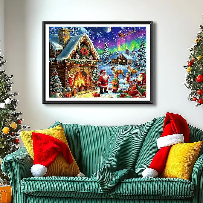 Christmas 500 Piece Jigsaw Puzzles for Adults Northern Lights Cabin Puzzle Santa Reindeer Scene Winter Holiday Landscape Puzzle with Letters on Back Art Fun Festive Gift for Family Seniors (23x15in)