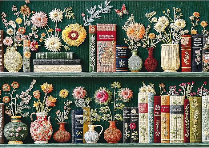 Blueforest 1000 Piece Jigsaw Puzzles for Adults, Unique 3D Embroidery-Style Floral & Vintage Bookshelf Art Puzzle, Challenging Fun Adult Puzzles for Relaxation 27.5x19.7 Inch