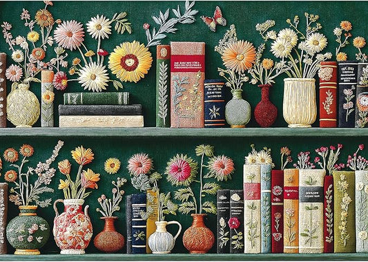 Blueforest 1000 Piece Jigsaw Puzzles for Adults, Unique 3D Embroidery-Style Floral & Vintage Bookshelf Art Puzzle, Challenging Fun Adult Puzzles for Relaxation 27.5x19.7 Inch