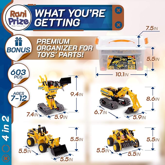 4-in-1 DIY Construction STEM Toy: 603-Piece Excavator Building & Robotics Kit, Educational Engineering Playset for Boys & Girls 8-12, Quality Family Time Popular Gift with Storage Box