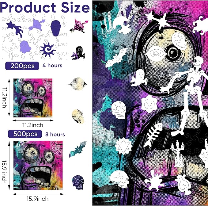 Ruikiyart Wooden Puzzles for Adults,5MM 200 Pieces Funny Scared Expression Wooden Jigsaw Puzzles, Unique Shaped Puzzle Gifts for Adults and Kids on Christmas,Family Puzzle Games(Purple,11.2''x 11.2'')