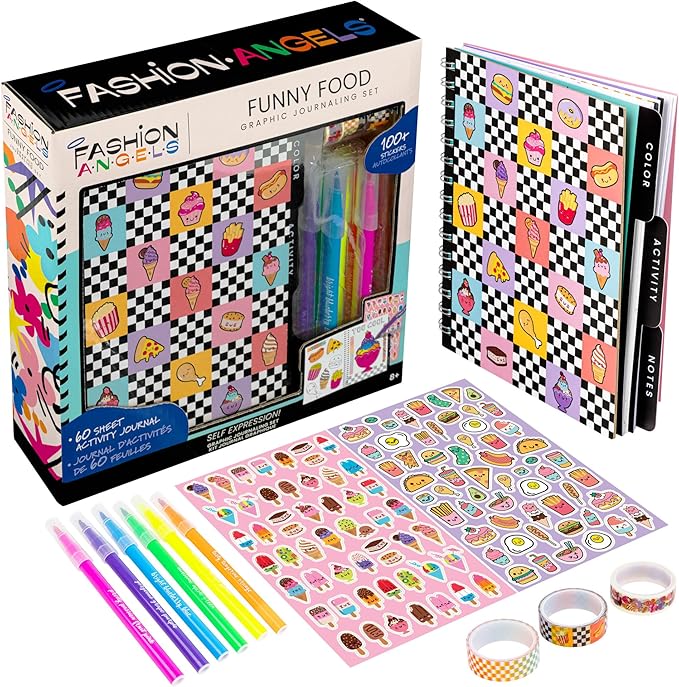 Fashion Angels Funny & Cute Food Graphic Journaling Stationery Set, Includes 1 Tabbed Sketchbook, 2 Sticker Sheets, 6 Scented Markers & 3 Rolls of Tape