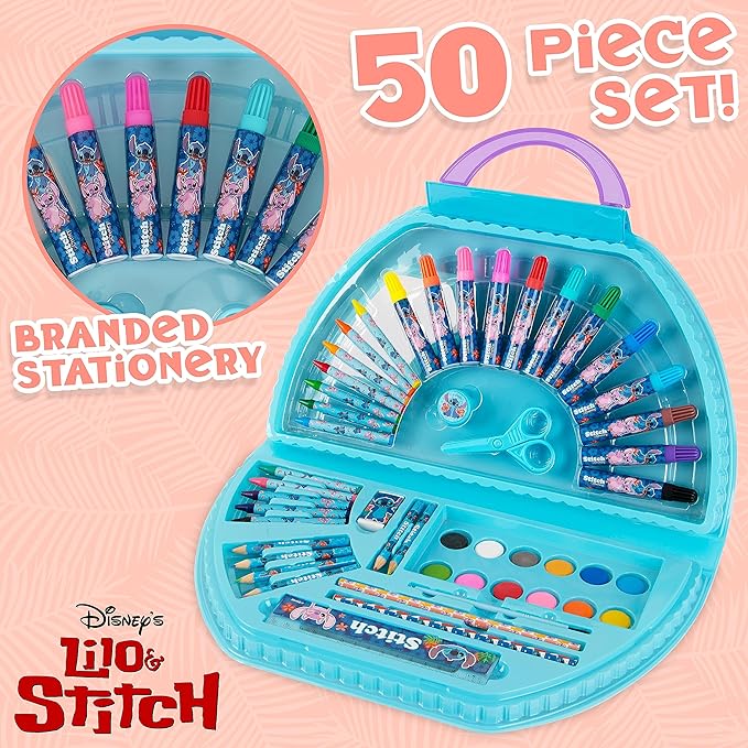 Disney Stitch Kids Art Set 40 Plus Pieces Princess Kids Colouring Sets Paints Colouring Pencils Markers Crayons Travel Art Supplies Gifts for Kids (Blue Stitch Set)