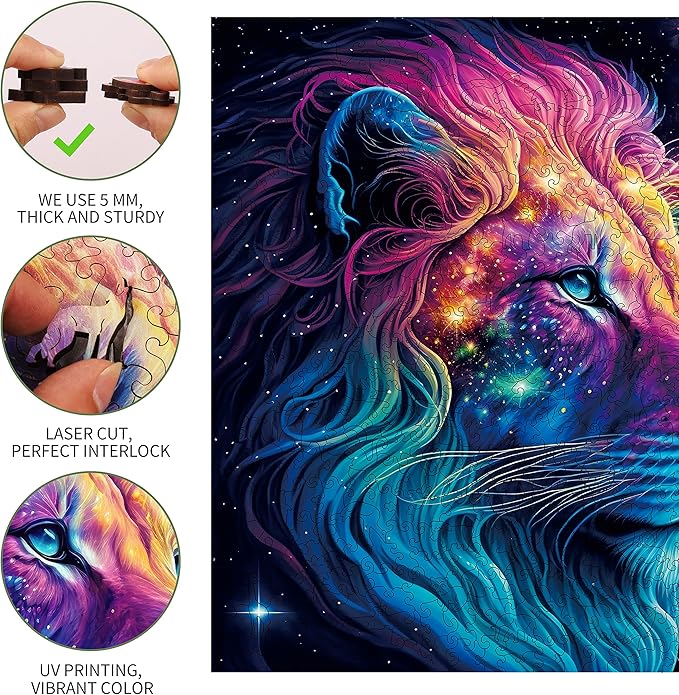 Mys Aurora Unique Wooden Jigsaw Puzzles - Starry Lion, 200 Pcs Medium Size 11.2'' x 11.2'', Luxurious Animal Shaped Wood Puzzle, Beautiful Package, Best Gift for Adults