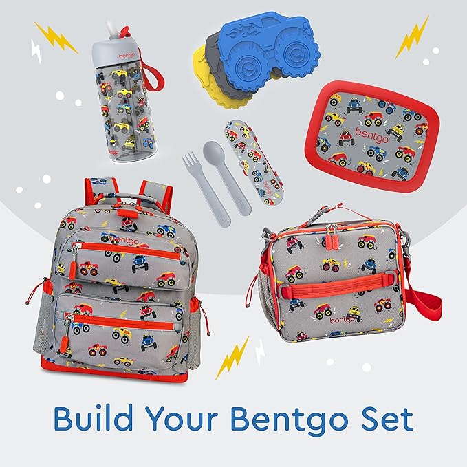 Bentgo Kids Backpack - Lightweight 14” Backpack in Fun Prints for School, Travel, & Daycare, Ideal for Ages 4+, Roomy Interior, Durable & Water-Resistant Fabric, & Loop for Lunch Bag (Trucks)