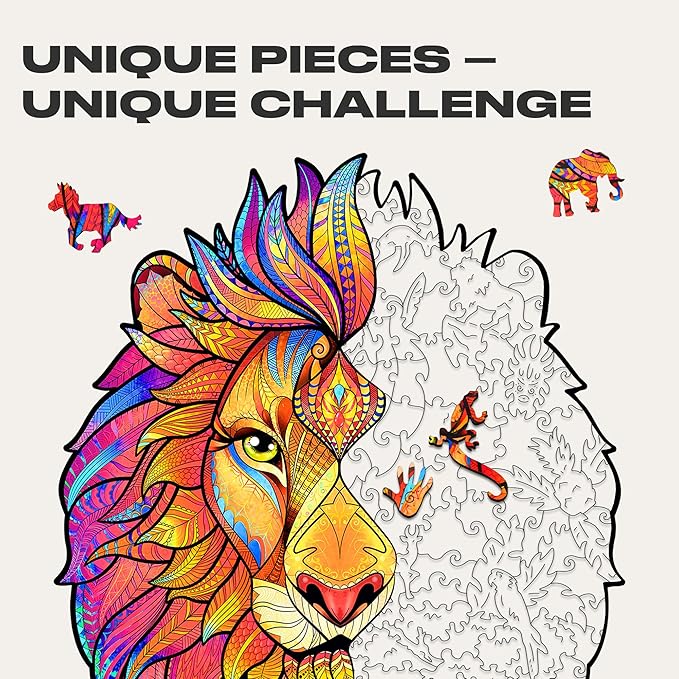 UNIDRAGON Wooden Puzzles for Adults Unique Jigsaw Puzzles - Medium Mysterious Lion Big 9.7"x12.5" 192 PCS Deko with Cut 0.03 mm Wood Accuracy Animal