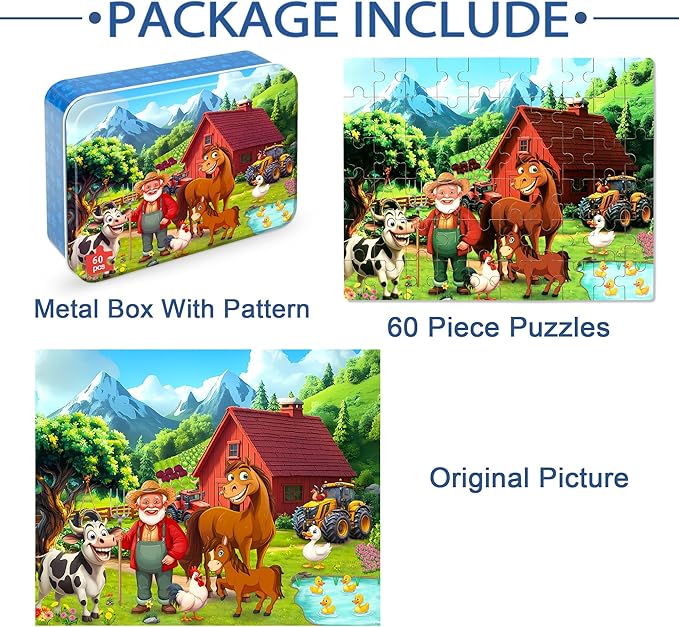 LELEMON Puzzles for Kids Ages 4-6, Farm 60 Piece Puzzles for Kids Ages 3-5 in a Metal Box, Educational Jigsaw Puzzles Childrens Puzzle Games Puzzle Toys for Girls and Boys