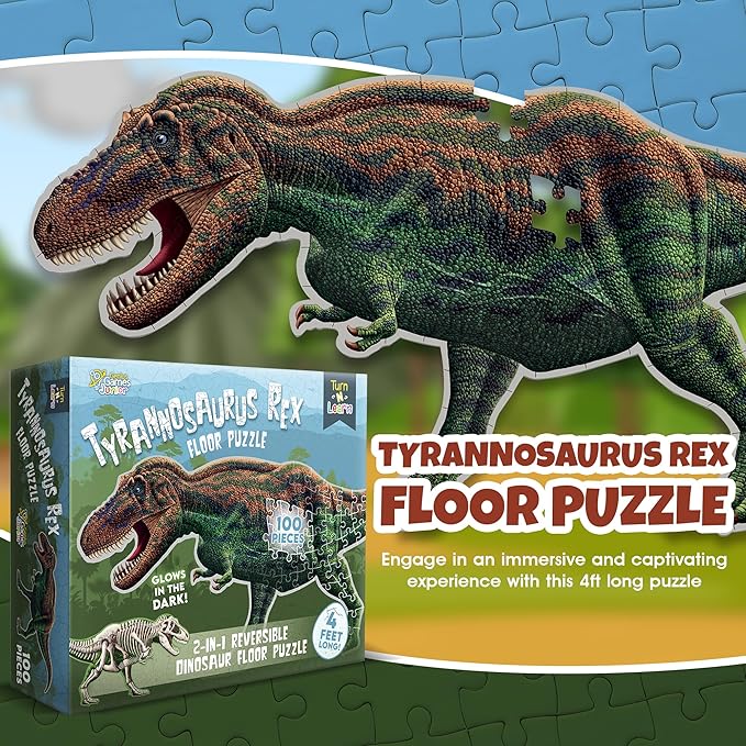 Tyrannosaurus Rex Dinosaur Jigsaw Puzzle | 100-Piece Double Sided Floor Puzzle with Glow-in-The-Dark Skeleton On Other Side | 4 FT Scientifically Accurate Dino Illustration | Educational Toy for Kids
