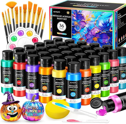 52 PCS Metallic Acrylic Paint Set with 12 Brushes, 2 Knives & Palette, 36 Colors (2oz/60ml) Art Craft Paint for Adults Kids Artists Beginners, Halloween Pumpkin Canvas Ceramic Rock Painting Kit