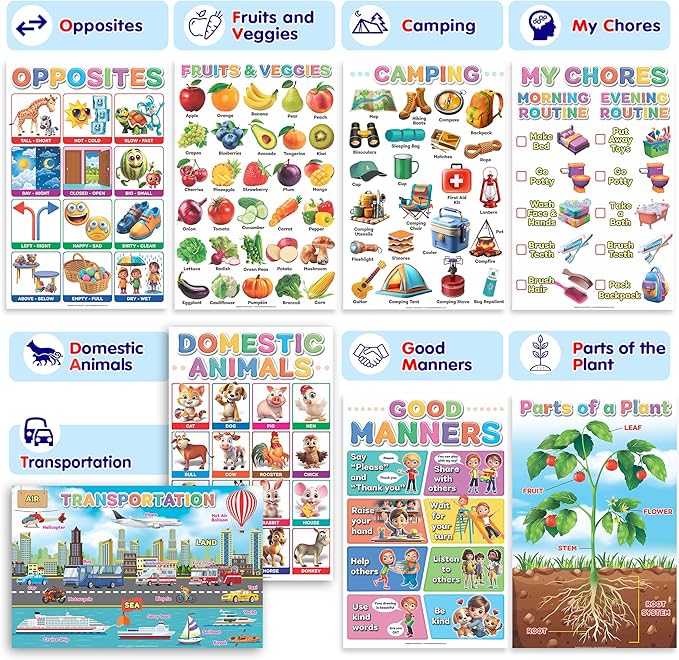 DeeDee's Workshop 16 Educational Posters vol. 2, Toddler Wall Decor, Daycare Essentials, Pre K Learning Materials (English vol. 2)