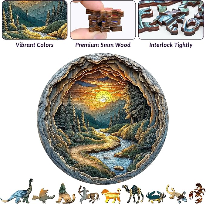 Nature Art Wooden Jigsaw for Adults - Unique Animal Shaped Wood Jigsaw Puzzle, 454 Pieces Large Size Adult Wooden Puzzles, Round Cave Stunning Sunset Forest Scene Landscape Wood Puzzle