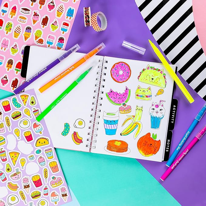 Fashion Angels Funny & Cute Food Graphic Journaling Stationery Set, Includes 1 Tabbed Sketchbook, 2 Sticker Sheets, 6 Scented Markers & 3 Rolls of Tape