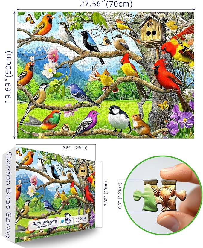 Birds of Spring 1000 Piece Jigsaw Puzzle for Adults Garden Colorful Songbirds on Tree Branch Scene Landscape Puzzle Challenging Family Puzzle Perfect for Game Nights (27.5"X19.6")