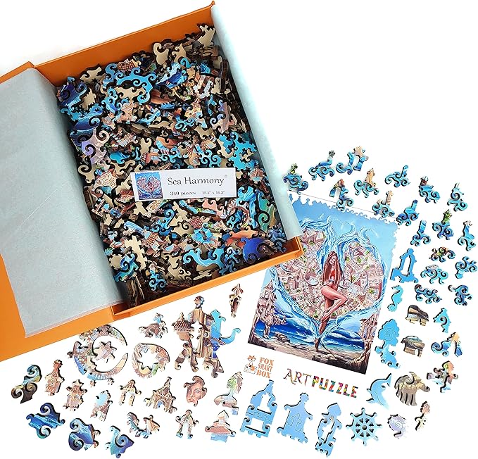 Wooden Puzzle for Adults - Uniquely Shaped Pieces - Made in The USA by FoxSmartBox - 350 Pieces - Sea Harmony