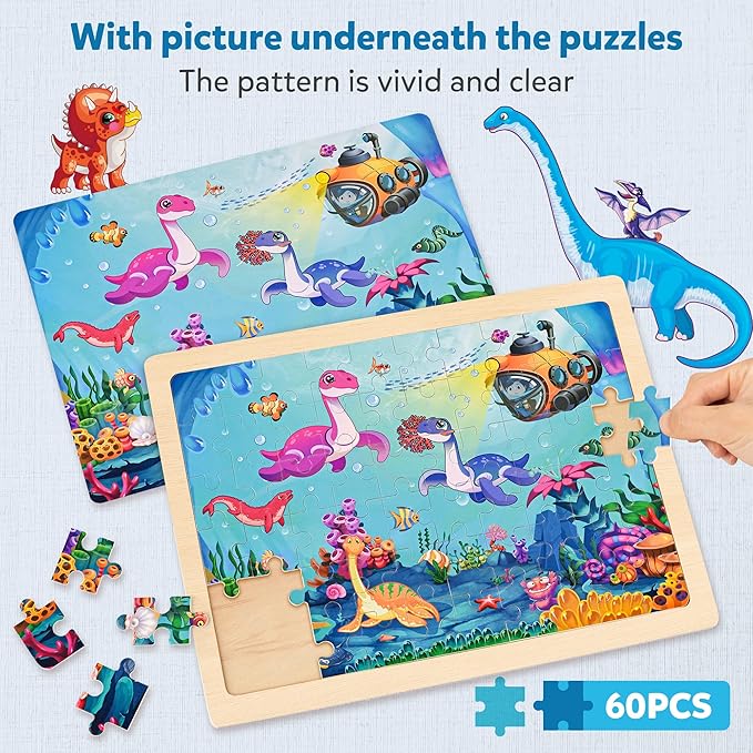 SYNARRY Wooden Dinosaur Puzzles for Kids Ages 4-6, 6 Packs 60 PCs Jigsaw Puzzles Educational Toys Gifts for Children Ages 4-8, Kids Puzzles for 4+ Year Olds Boys Girls