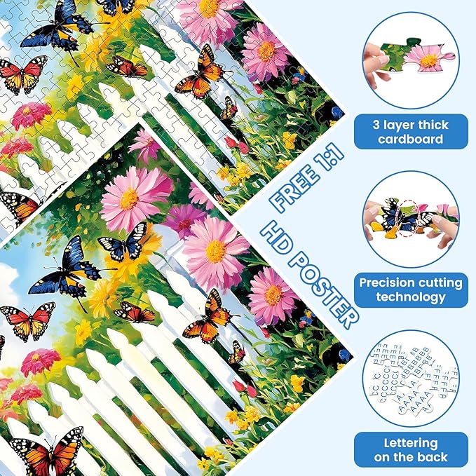 300 Pieces Flowers Puzzle for Adults, Butterfly Jigsaw Puzzle 300 Pieces Recycled Cardboard Jigsaw Puzzles for Adults, Family Challenging Game Home Decor Gift Toy for Teens Kids Seniors 20.5×15 in