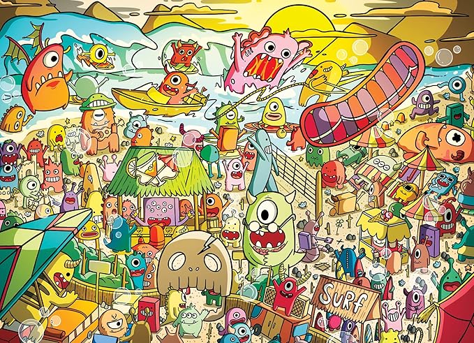 Cross & Glory - Surf 'n' Scream Beach Party - 1000 Piece Jigsaw Puzzle for Adults & Kids 12+ | Whimsical Monsters | Vibrant Beach Scene | Satin Finish | Challenging & Colorful Fun