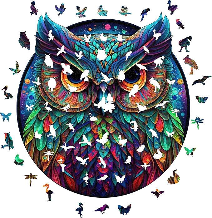 Mys Aurora Unique Wooden Jigsaw Puzzles - Cute Owl, 200 Pcs Medium Size 11.2'' x 10.5'', Luxurious Animal Shaped Wood Puzzle, Beautiful Package, Best Gift for Adults
