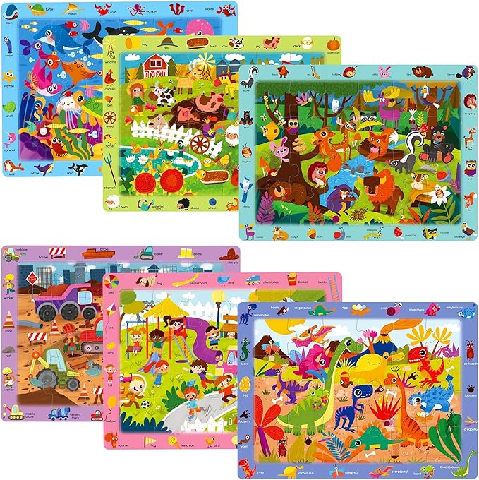 BenBen Large Wooden Puzzles for Kids Ages 4-6, 6 Pack 24 Piece Search and Find Puzzles for Toddlers 3-5, Educational Learning Toys Gifts for 3 4 5 Year Old Boys Girls