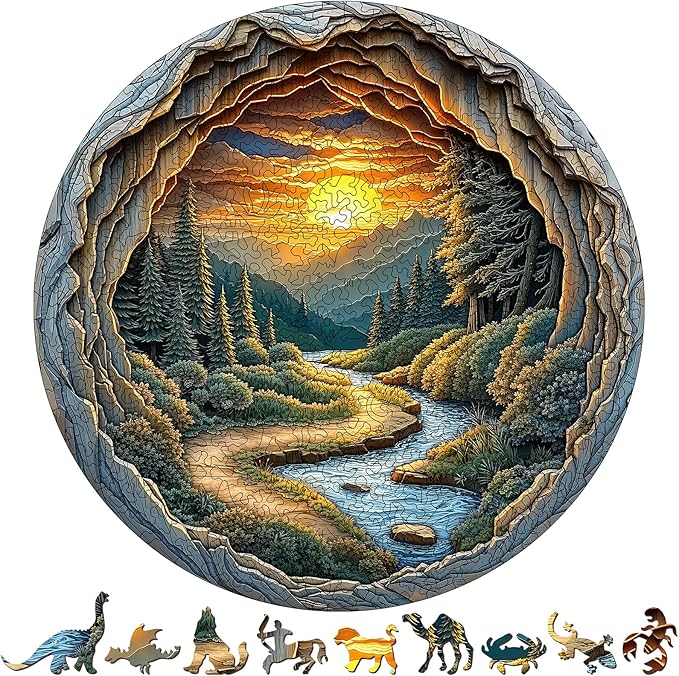 Nature Art Wooden Jigsaw for Adults - Unique Animal Shaped Wood Jigsaw Puzzle, 454 Pieces Large Size Adult Wooden Puzzles, Round Cave Stunning Sunset Forest Scene Landscape Wood Puzzle