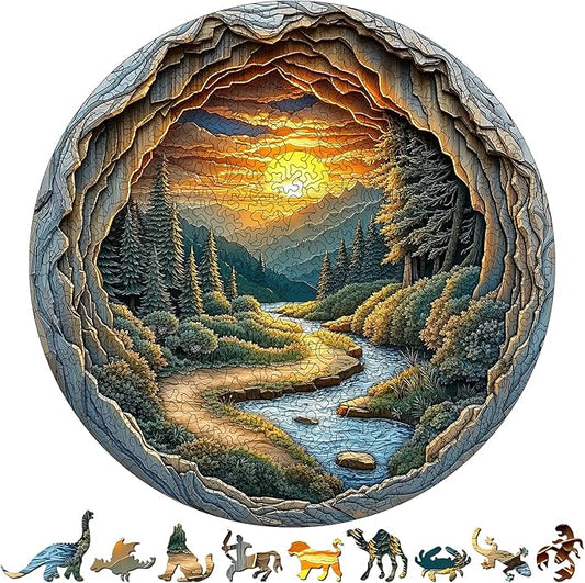 Nature Art Wooden Jigsaw for Adults - Unique Animal Shaped Wood Jigsaw Puzzle, 454 Pieces Large Size Adult Wooden Puzzles, Round Cave Stunning Sunset Forest Scene Landscape Wood Puzzle