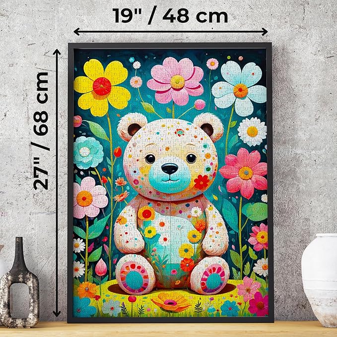 Teddy Bear in Flower Garden Illustration – 1000 Pieces Jigsaw Puzzle for Adults – Matte Finish, Soft Touch, Easy to Assemble, Tight Fit, Vivid Colors, Missing Pieces Service