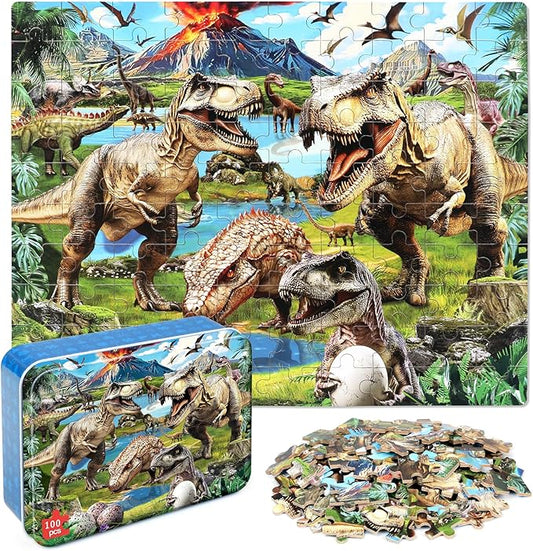 Dinosaur World Puzzles for Kids Ages 4-8, 100 Pieces Jigsaw Puzzles for Kids Ages 3-5 Puzzle for Girls and Boys Learning Educational Puzzles Toys in a Metal Box
