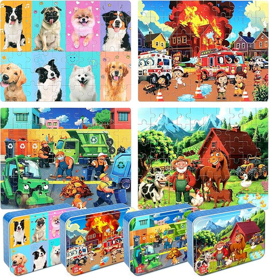 LELEMON Puzzles for Kids Ages 4-6,4-Pack Dogs Fire Fighting Garbage Truck Farm 60 Piece Puzzles for Kids Ages 4-8 in a Metal Box,Educational Jigsaw Puzzles Puzzle Games Puzzle Toys for Girls and Boys