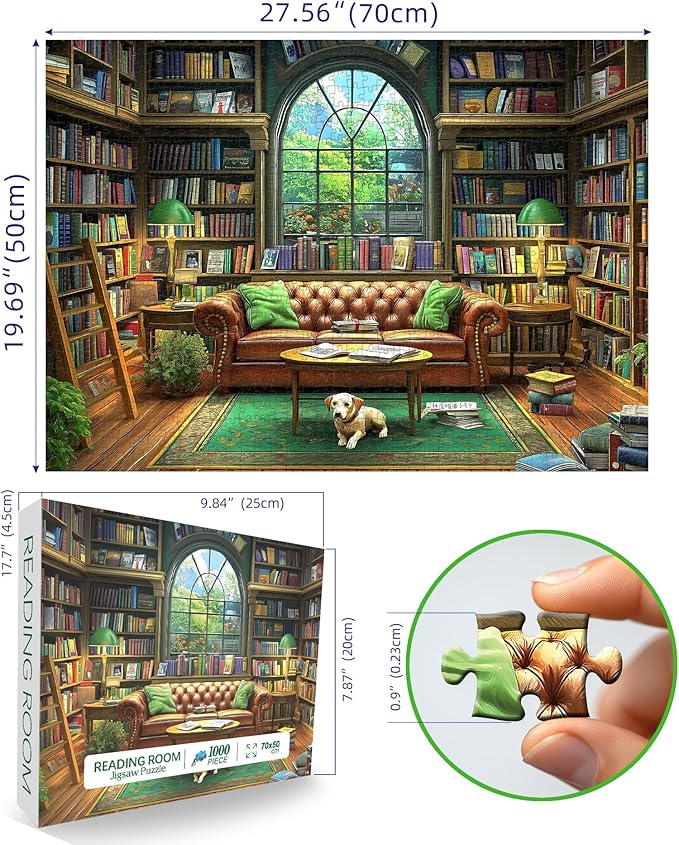 Reading Room 1000 Piece Puzzle for Adults Unique Book Room Puzzles for Adults 1000 Pieces Library Bookshelf Jigsaw Puzzles 1000 Pieces Family Challenging Puzzle (27.5"x19.6")