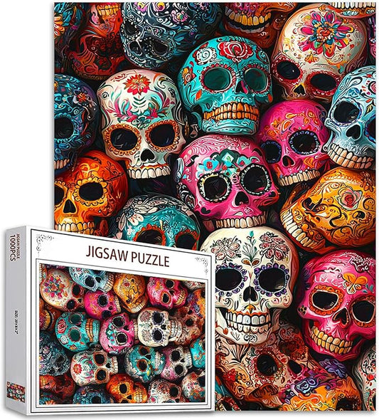 Tucocoo 1000 Piece Jigsaw Puzzles for Adults Pile of Sugar Skulls Puzzle Day of The Dead Colorful Skeleton Art 1000 Pieces Puzzles for Challenging Family Activity Game DIY Puzzle Wall Decor Gifts