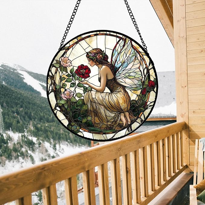 Stained Glass Window Hanging - Butterfly Flower Fairy Suncatcher for Door Terrace Garden Home Decor Yellow Green Plants Sun Catcher Birthday Gifts for Lovers Women Men Dad Mom Nana 9.8 in