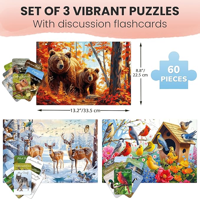 QUOKKA 60 Pieces Dementia Puzzles for Elderly - 3SET Large Piece Puzzles for Seniors - 9 Memory Flashcards with Facts I 25 Discussion Prompts per Puzzle - Alzheimer's Activities Products for Elderly