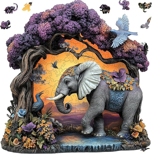 Wooden Puzzles for Adults, Elephant Jigsaw Puzzles 200 Pieces, Unique Shaped Puzzle for Adults and Kids, Christmas Birthday Gift Family Game 11 x 11.2 Inch