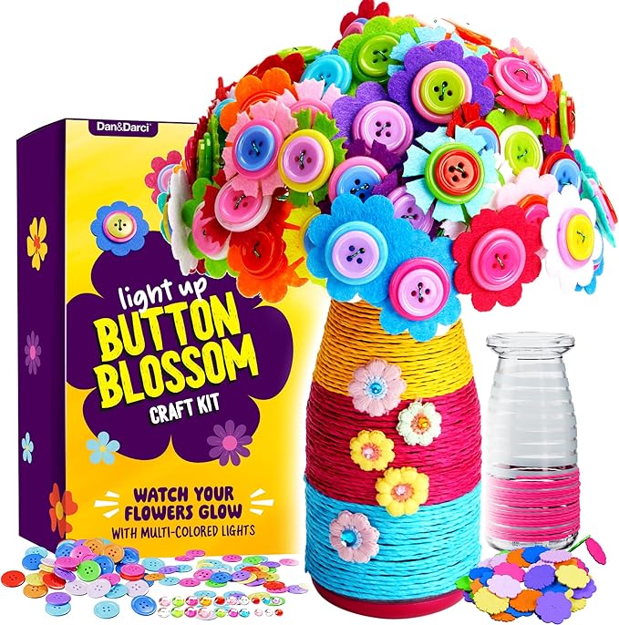Dan&Darci Light Up Button Flower Craft Kit - Crafts for Kids Ages 4-8 - Arts & Crafts Gift for Girls - Activities for Kid Age 6-8 Girls - 5 Year Old Girl Gift Toys - Birthday Gifts for 5 6 7 8 Years