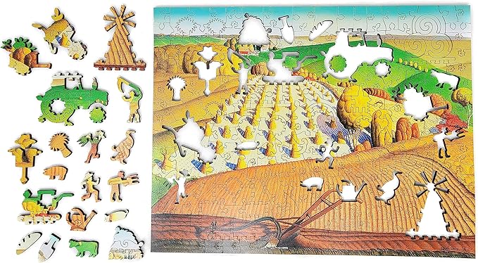 Wooden Puzzle for Adults - Uniquely Shaped Pieces - Made in The USA by FoxSmartBox - 242 Pieces - Fall Plowing