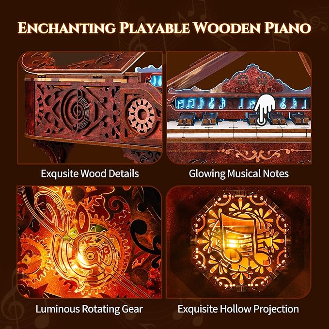 3D Wood Puzzle Piano Kit, Playable Wooden Keyboard Model with LED Lights, Interactive Craft Kit & Digital Piano Puzzle for Adults and Kids（with LED